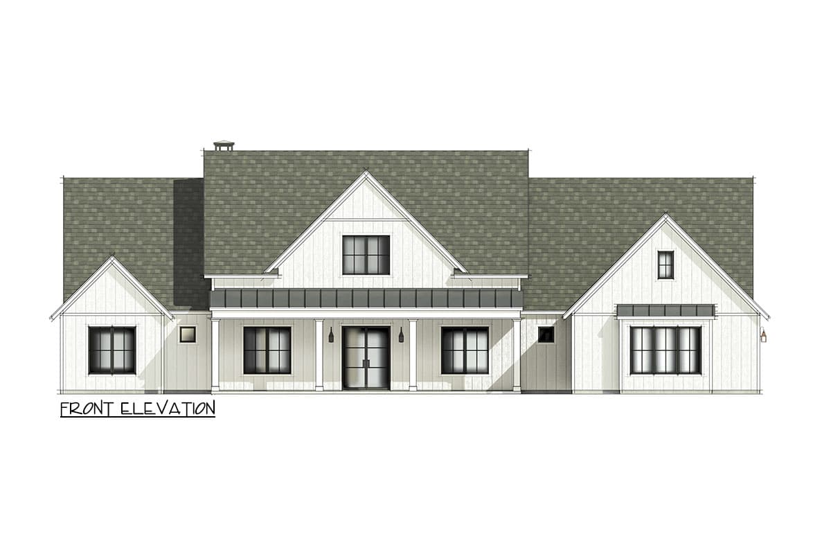 Front elevation of a Modern Farmhouse plan, featuring a covered porch with columns, gables, and large windows.