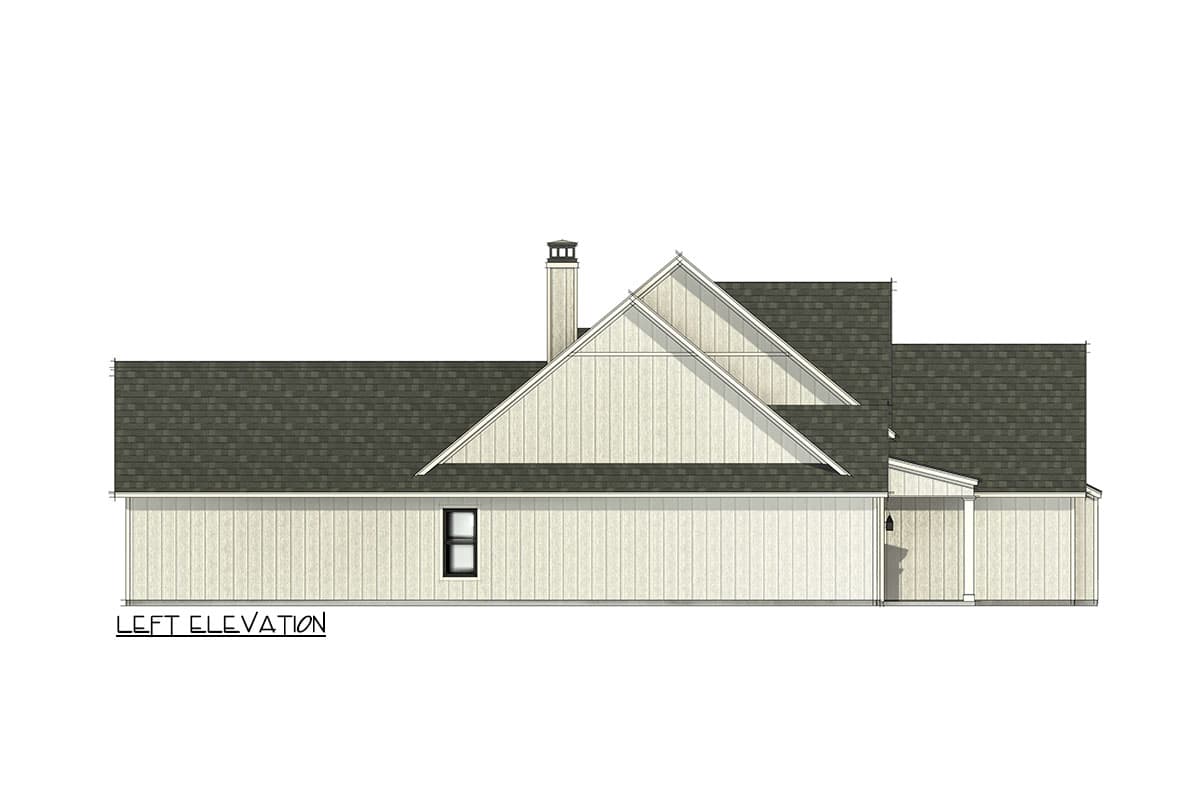 Left elevation house plan showing a Modern Farmhouse style with vertical siding, gables, dormer, and chimney.