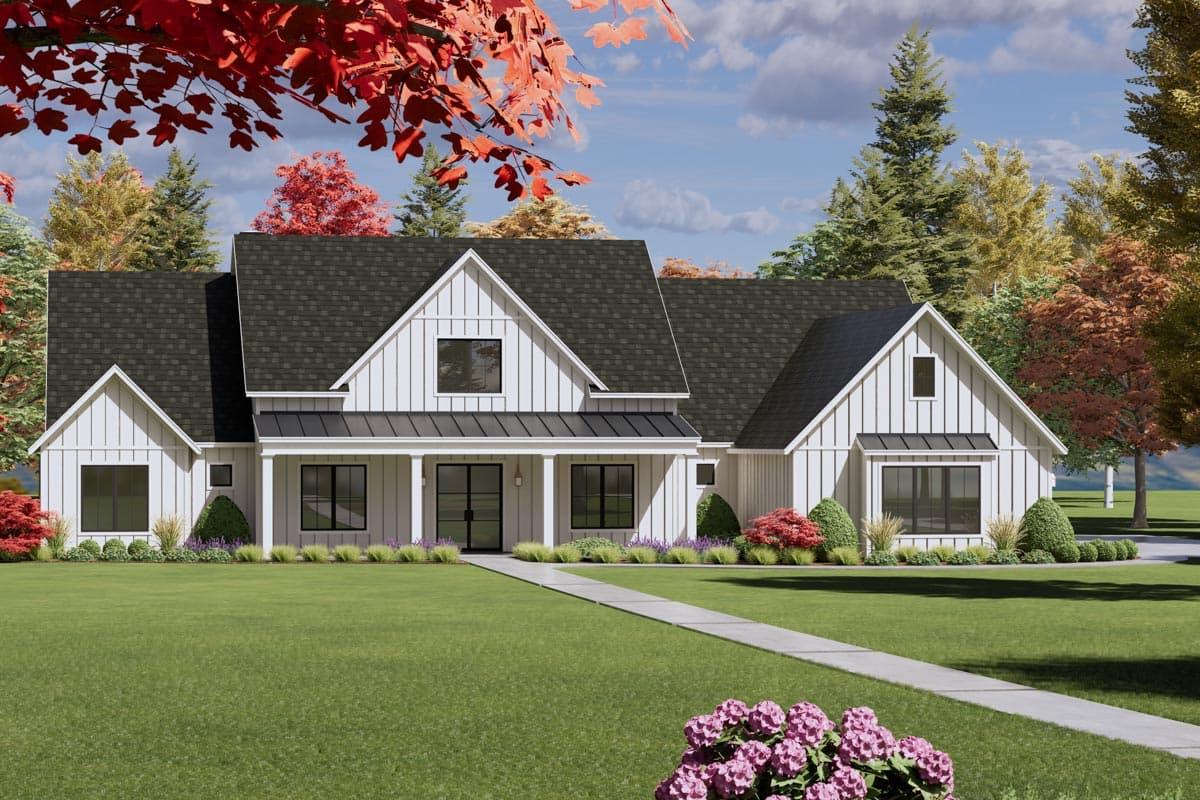 House plan exterior. Modern farmhouse style with gabled roof, porch with columns, and board-and-batten siding. Single story.