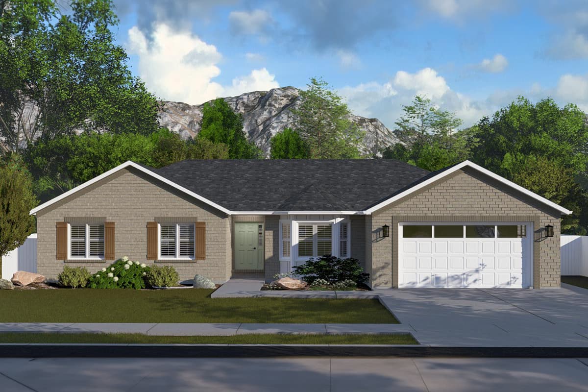 House plan exterior. Single-story Ranch with brick facade, gable roof, shutters, and an attached two-car garage.