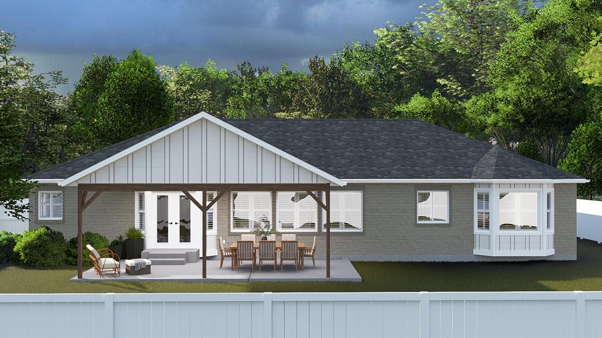 House plan exterior: One-story brick home with gable, covered patio, double doors, and bay window.