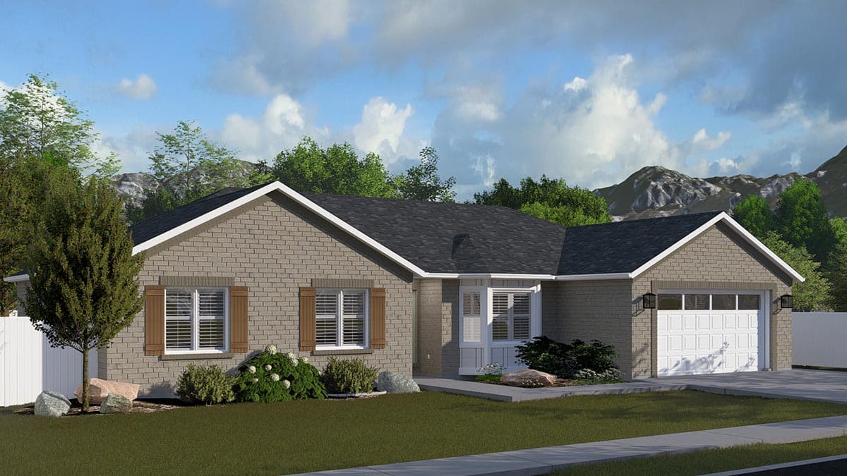 House plan exterior: Ranch style, one-story home with brick veneer, front-facing garage, bay window, and prominent gables.