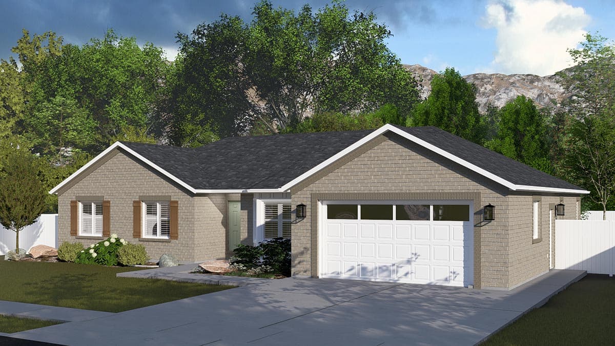 One-story house plan exterior with gray brick siding, a double garage, gable roof, and two front windows with shutters.