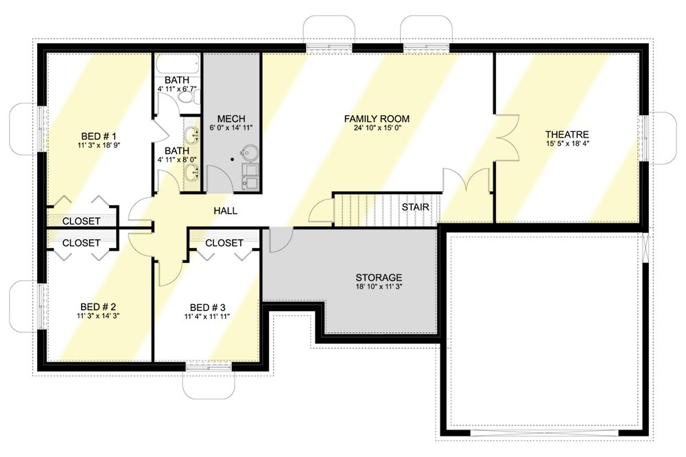 Plan 61484UT: One-Story House Plan with 3 Clustered Bedrooms - 1965 Sq Ft - Floor Plan - Basement - Ranch, Traditional