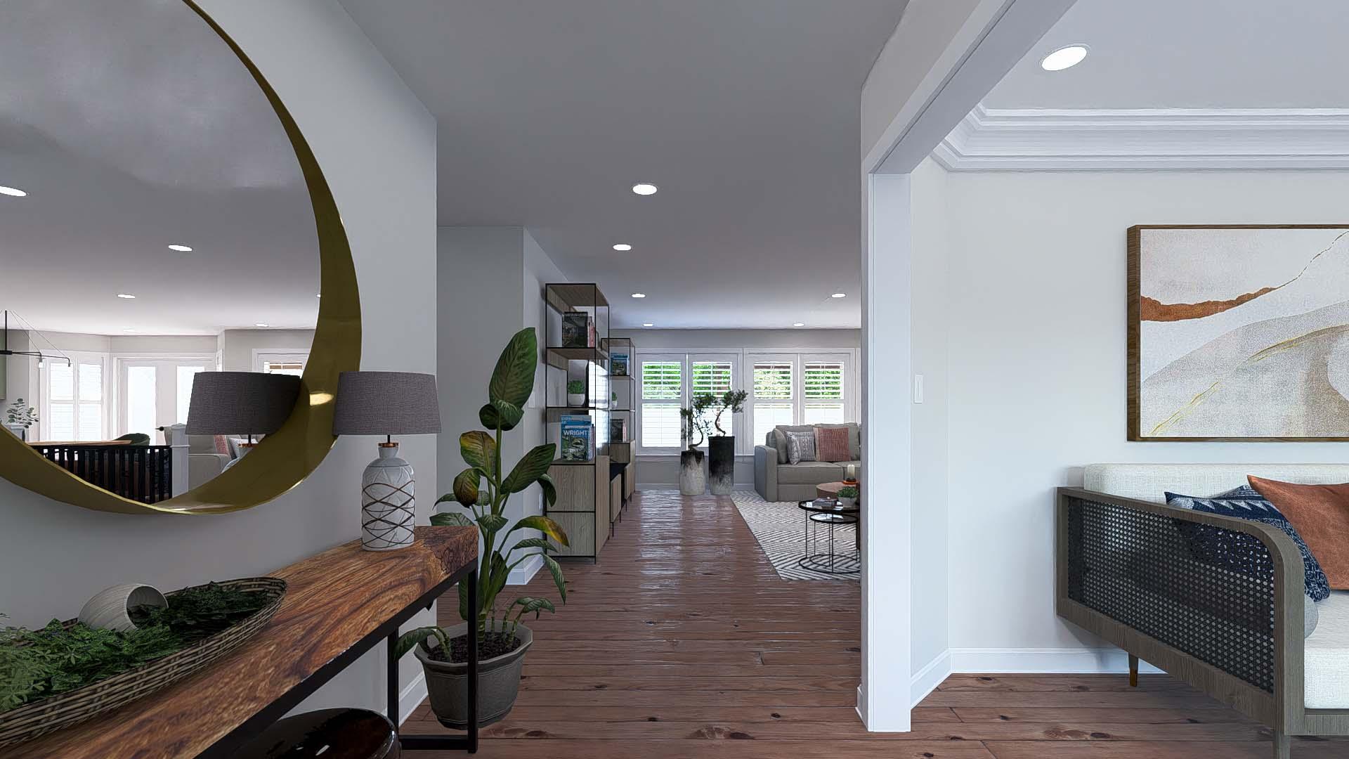 Interior rendering of a living room with wood floors, console table, built-in shelves, and sofa.