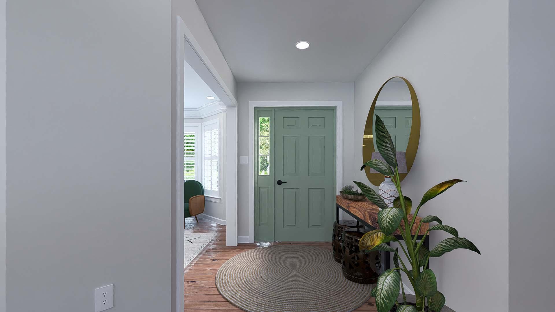 Interior view of a house entrance with a green paneled door, bay window with shutters, and round jute rug.