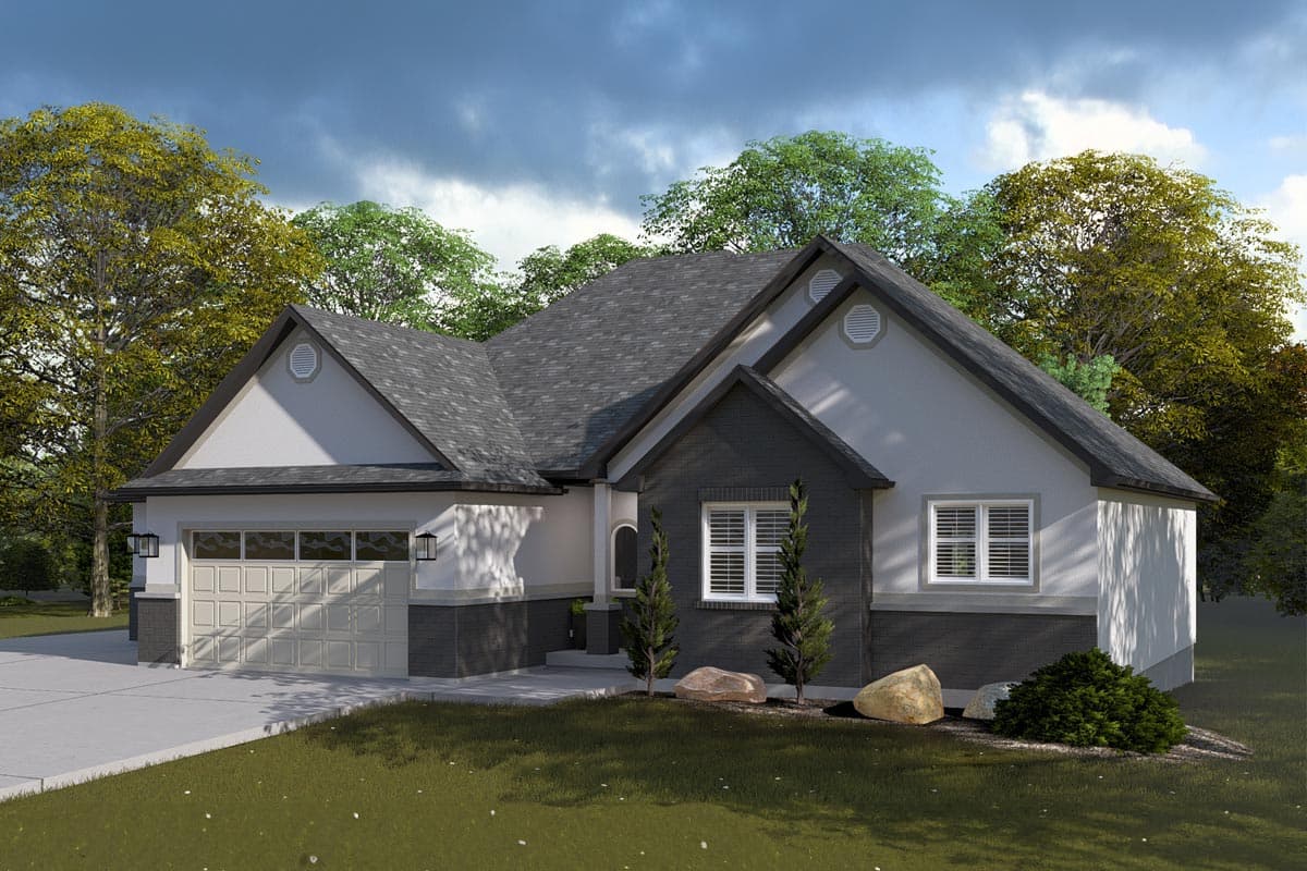 House plan exterior: Ranch style, one story, with gable roof, arched entry, and two-car garage. Stucco and dark brick accents.
