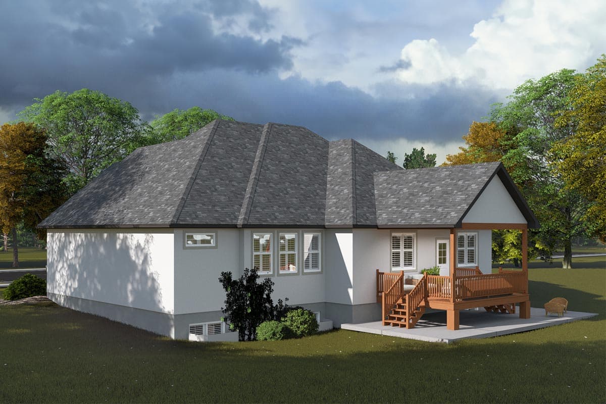House plan exterior showing a one-story residence with a complex roofline, stucco siding, and a covered wooden deck with stairs.