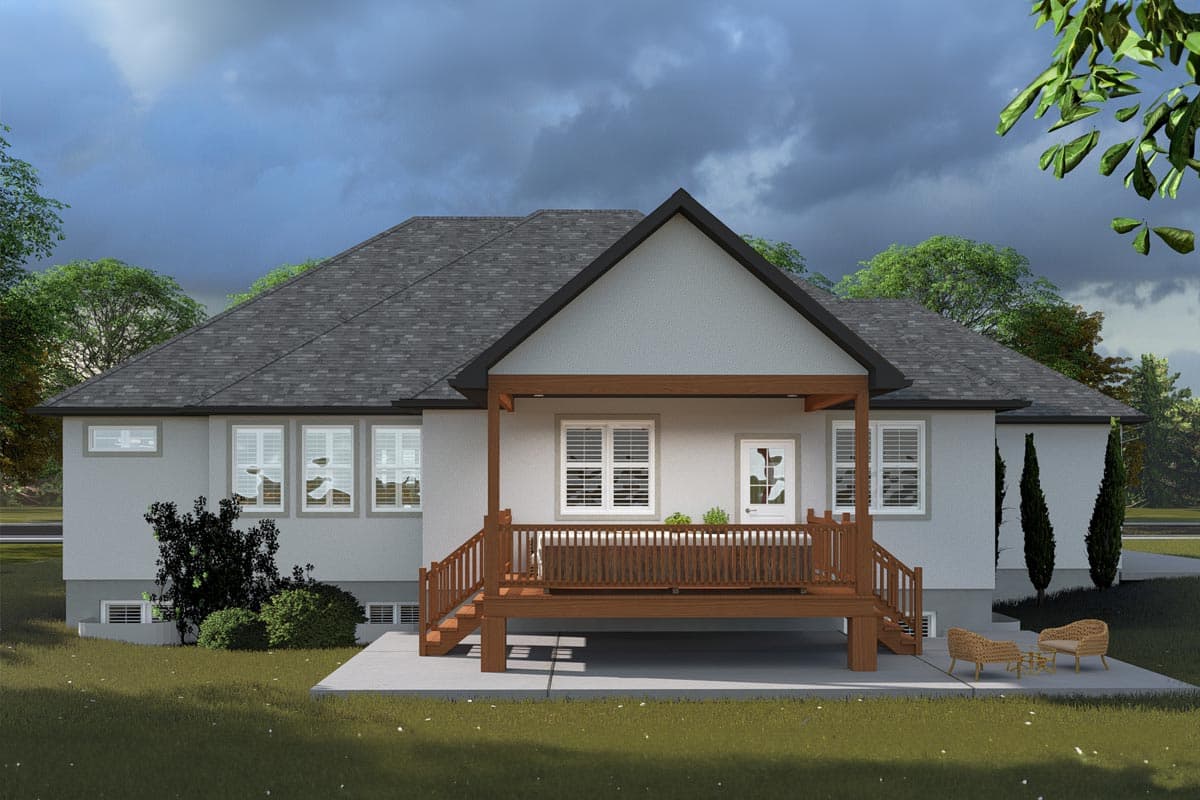 House plan exterior view showing a one-story home with a pitched roof, stucco exterior, and elevated deck with a pergola.