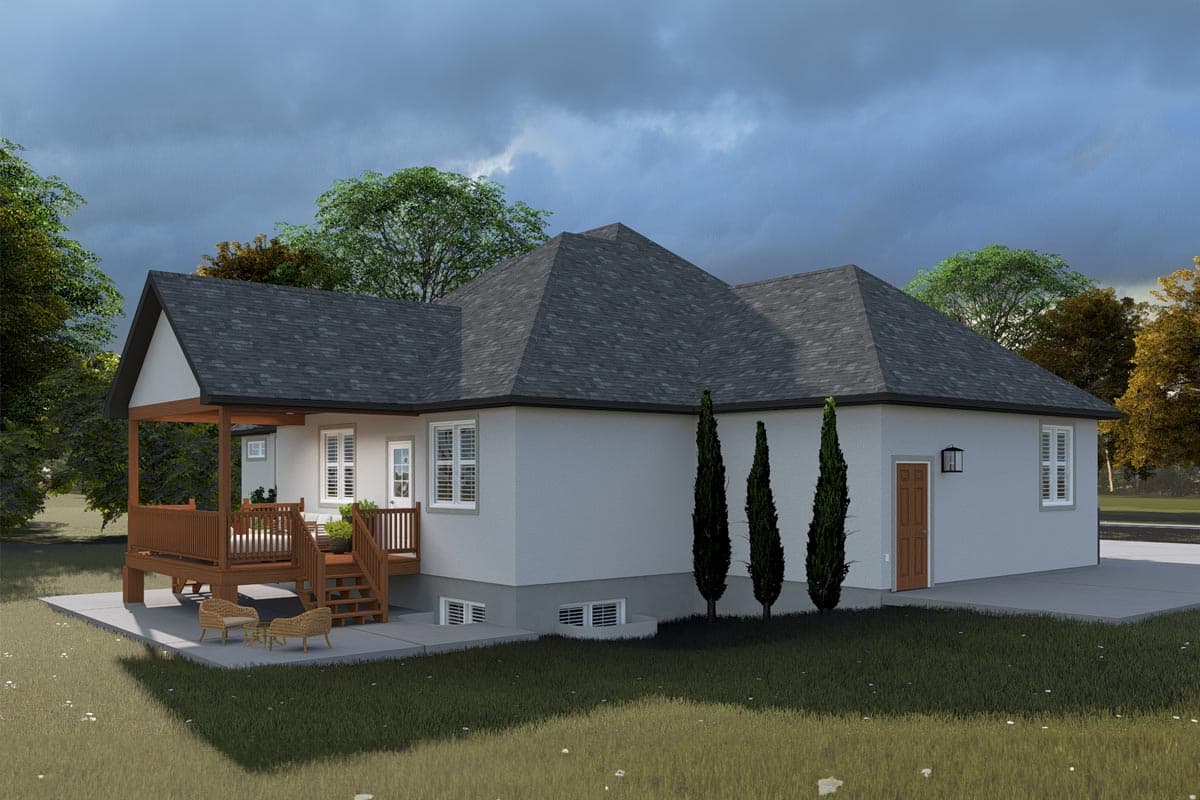 House plan exterior: Ranch style, one story, with covered deck, gable roof, and exterior door.