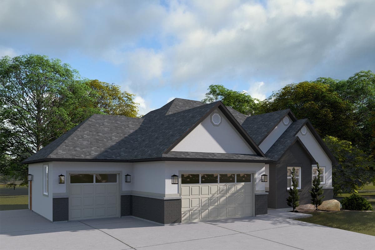 House plan exterior: Ranch style, two-car garage, multiple gables, and stone accents.