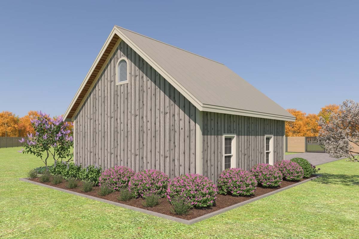 House plan exterior: Tall, narrow barn-style structure with vertical wood siding, metal gable roof, arched vent, and two windows.