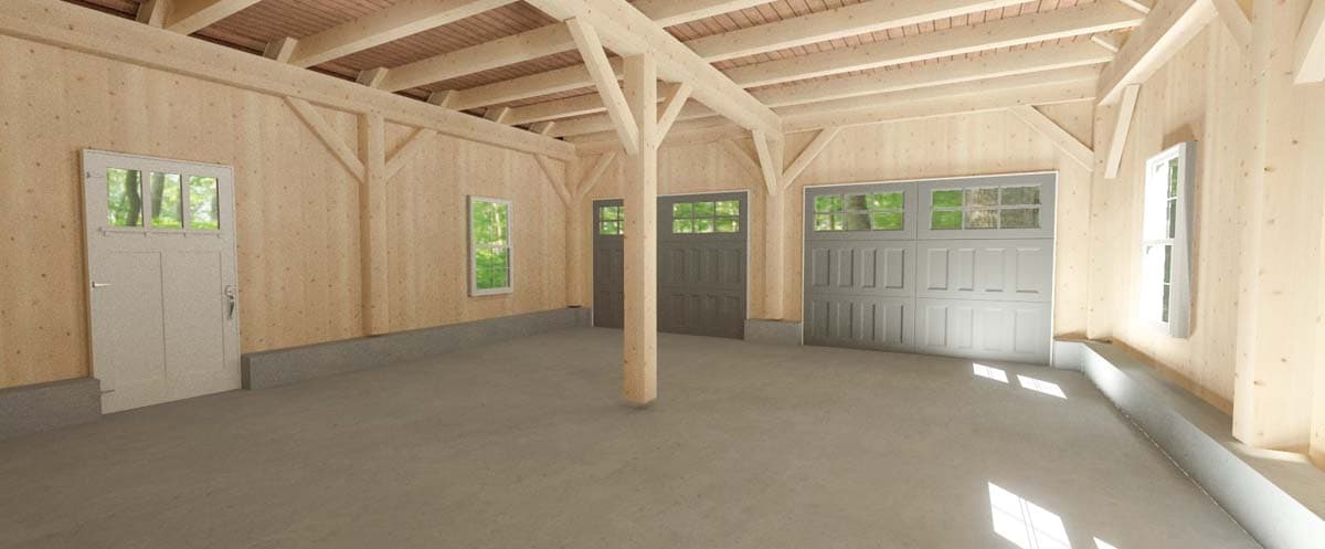 Garage interior with exposed timber framing, two gray garage doors, one pedestrian door, and two windows.