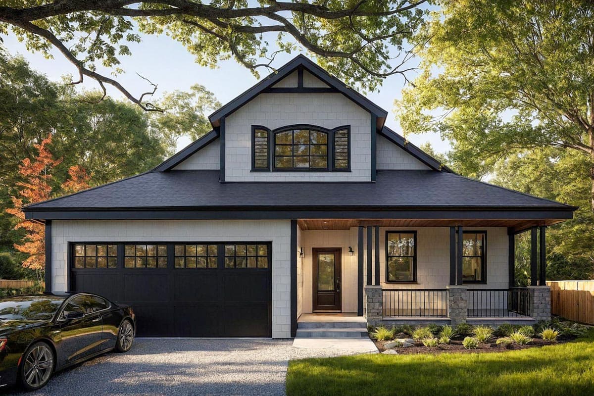 House plan exterior. Two-story Modern Farmhouse with a front porch, gabled roof, and attached garage. Includes dormer window and dark trim.