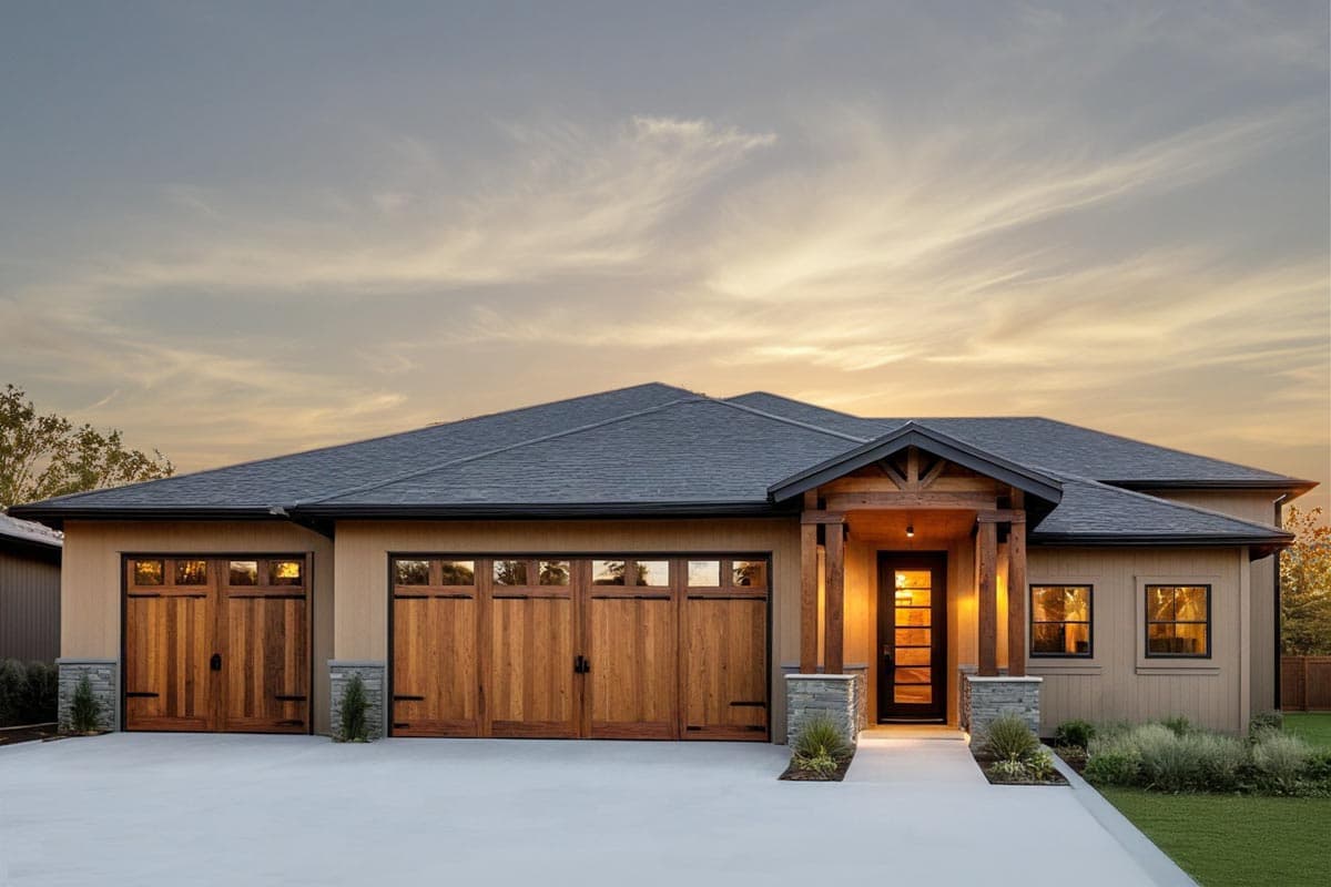 House plan exterior with Craftsman style entry and garage. Features include a covered porch with exposed beams and a dark gray shingle roof.