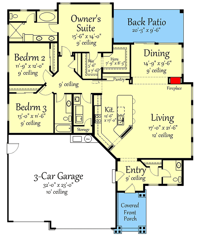 Plan 833001WAT: Transitional One-Story House Plan with Two-Sided Fireplace - 2080 Sq Ft - Floor Plan - Main Level - Prairie, Ranch, Transitional