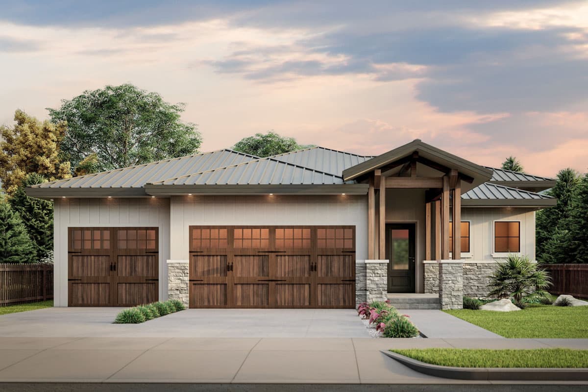 House plan exterior: Modern Ranch style, one story, with a metal roof, three-car garage, stone accents, and covered entry porch.