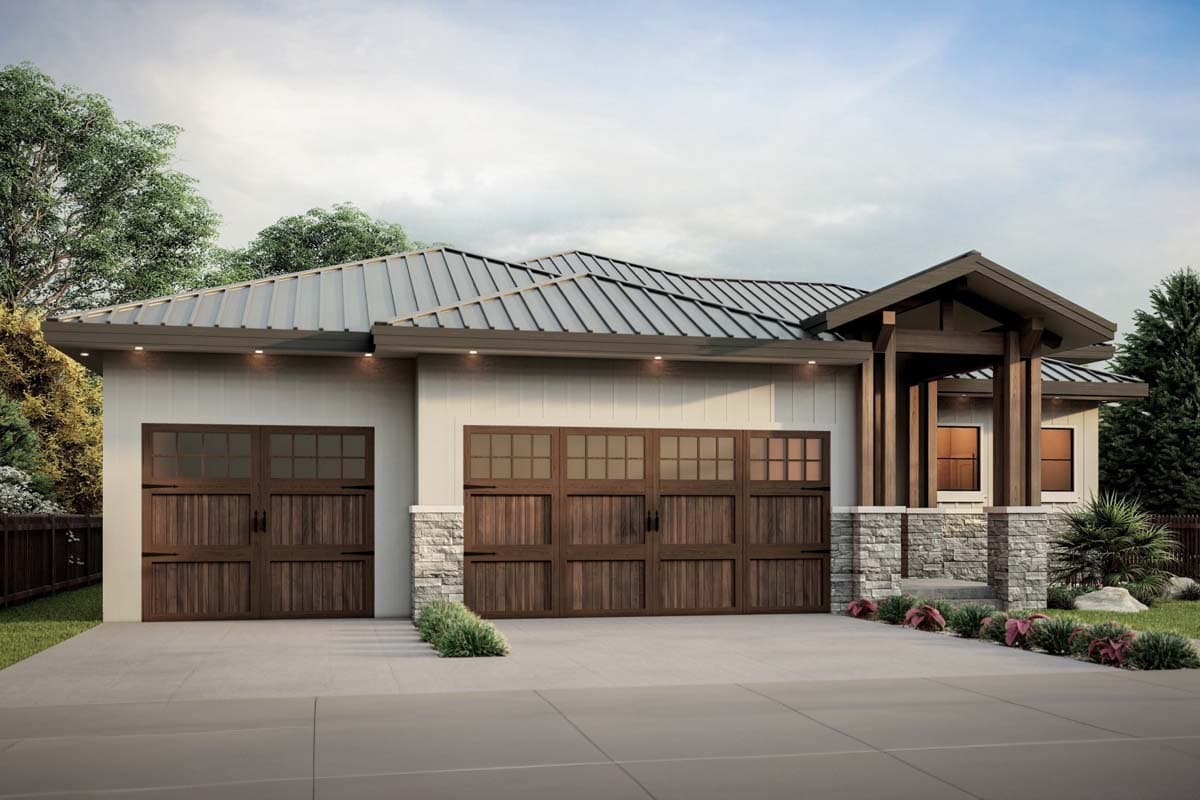 House plan exterior with metal roof, stone accents, two wood garage doors, and covered entry with timber posts.