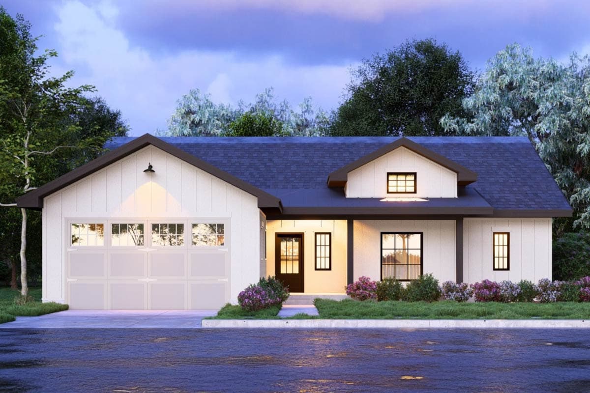 Modern Farmhouse house plan exterior with board and batten siding, gable roof, dormer, and attached garage.