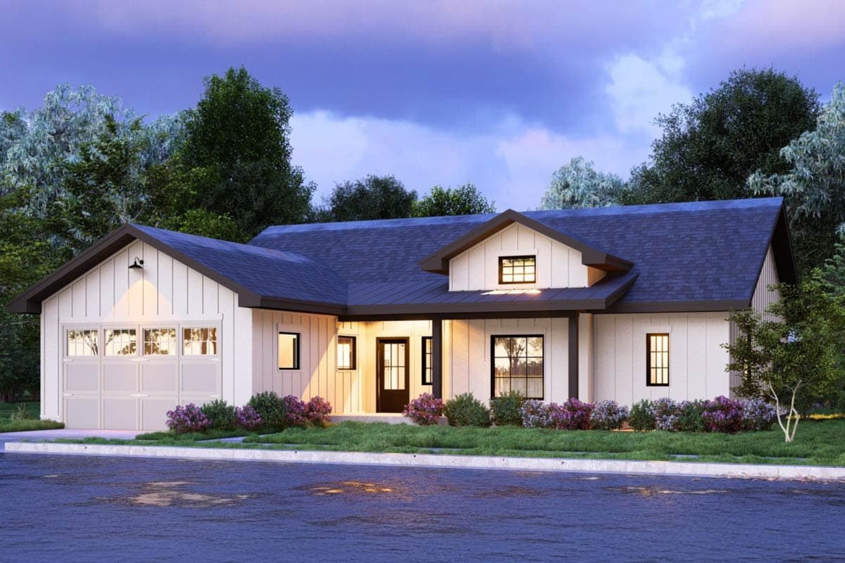 Modern Farmhouse house plan exterior with board and batten siding, L-shaped roofline, prominent gables, and attached garage.
