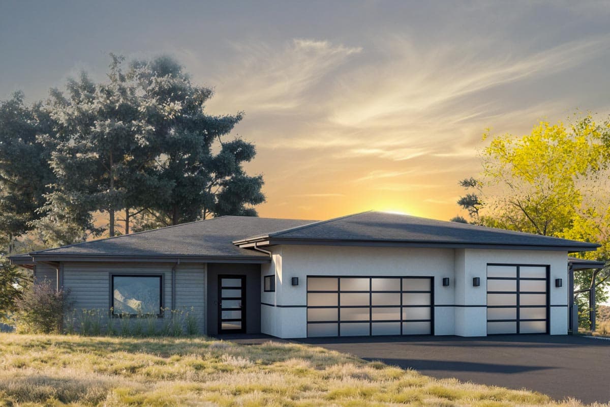 House plan exterior. Modern, one-story home with a flat roof, glass garage doors, and a front entry with glass panels.