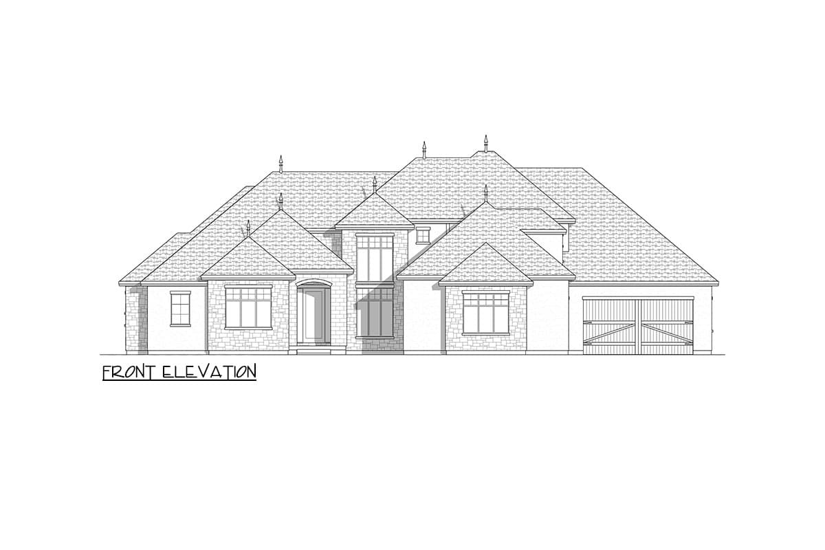 Front elevation drawing of a large house plan with multiple gables, stone facade, and a three-car garage.
