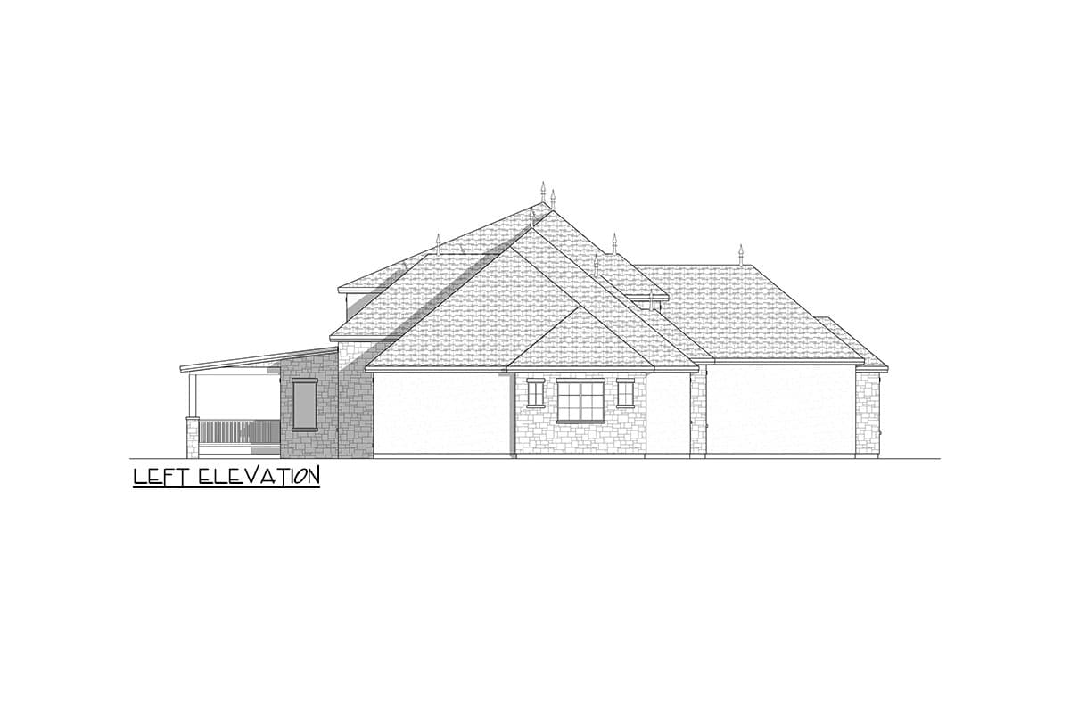 Left elevation drawing of a house plan, showing stone exterior, covered porch, and multi-level rooflines with dormer accents.