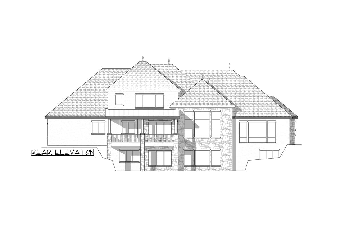 Rear elevation drawing of a two-story house with multiple gables, a balcony, and stone exterior accents.