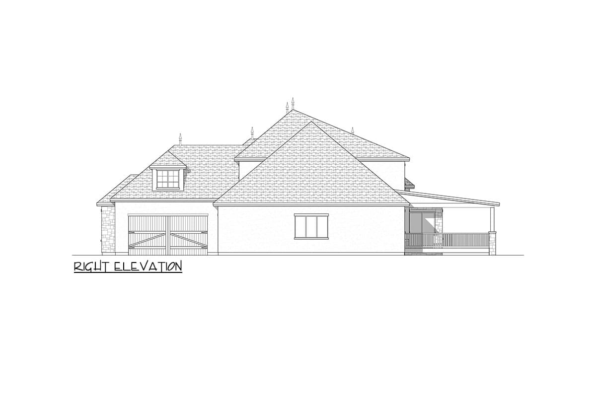Right elevation drawing of a house plan featuring a two-car garage, dormer window, and covered porch.