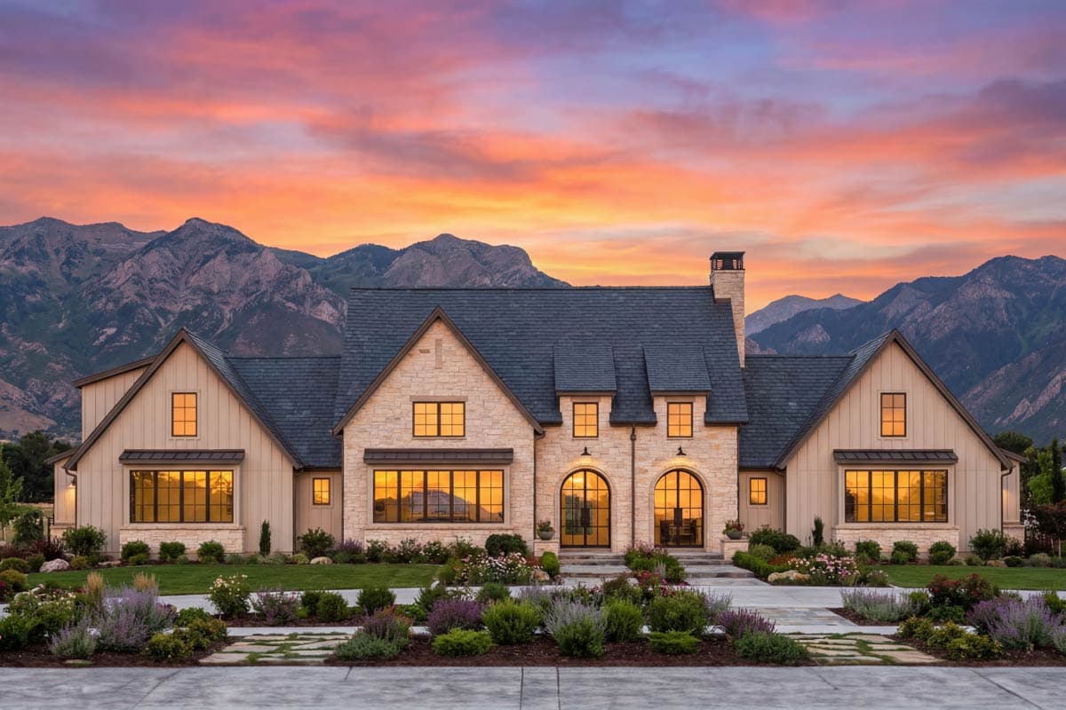 Modern farmhouse exterior with stone and board-and-batten siding, multiple gables, dormers, and arched entryways.