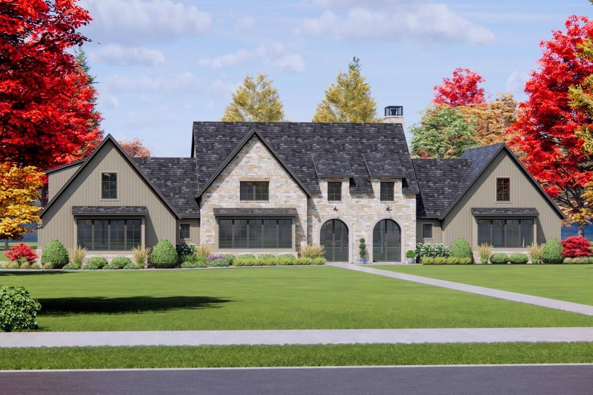 House plan exterior: Stone and board-and-batten siding, multiple gables, arched entryways, and a prominent roofline.