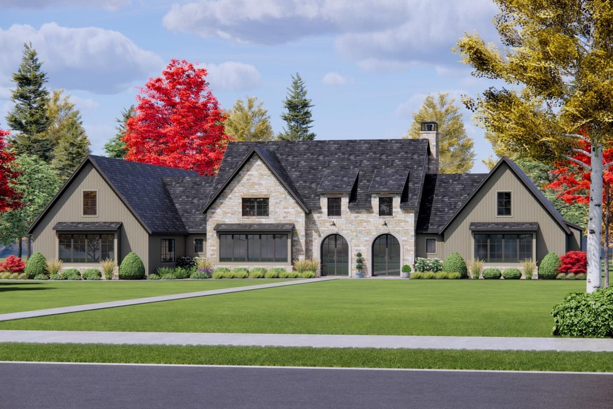 House plan exterior rendering shows a two-story Modern Farmhouse with stone and board-and-batten siding, multiple gables, and arched garage doors.