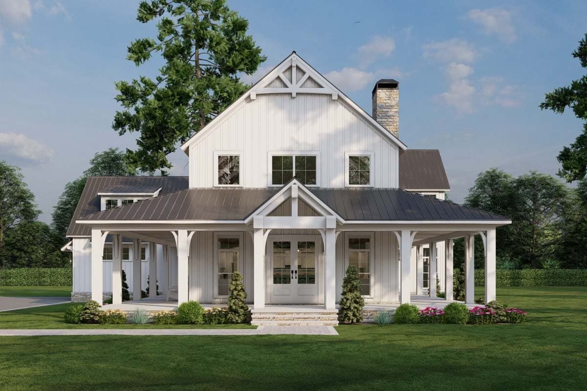 Modern Farmhouse house plan exterior with wraparound porch, gables, and stone chimney.