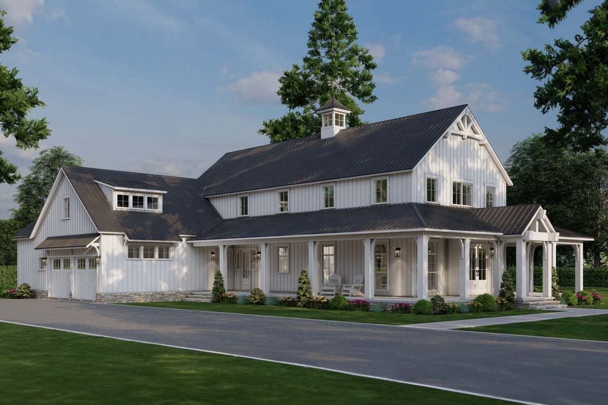 House plan exterior rendering. Two-story farmhouse with a wraparound porch, gabled roof, and dormers. Features a cupola atop the roof.