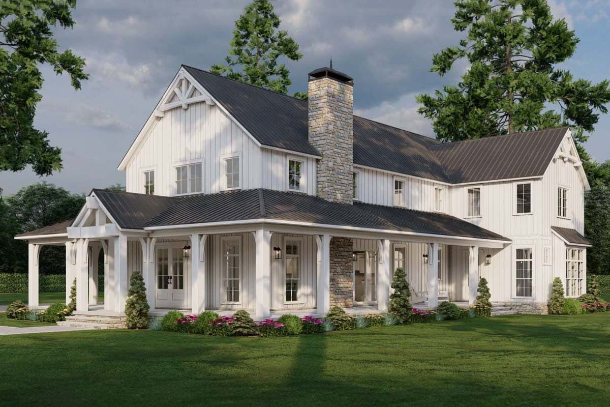 Modern farmhouse house plan exterior with board and batten siding, a wraparound porch, and stone chimney.
