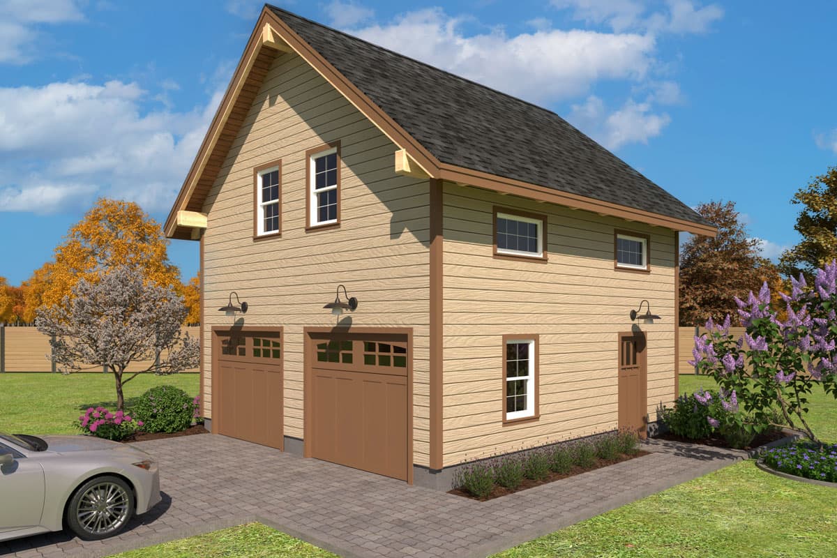 House plan exterior with gable roof, two-story structure, and two-car garage. Features include accent lighting and a side entry door.