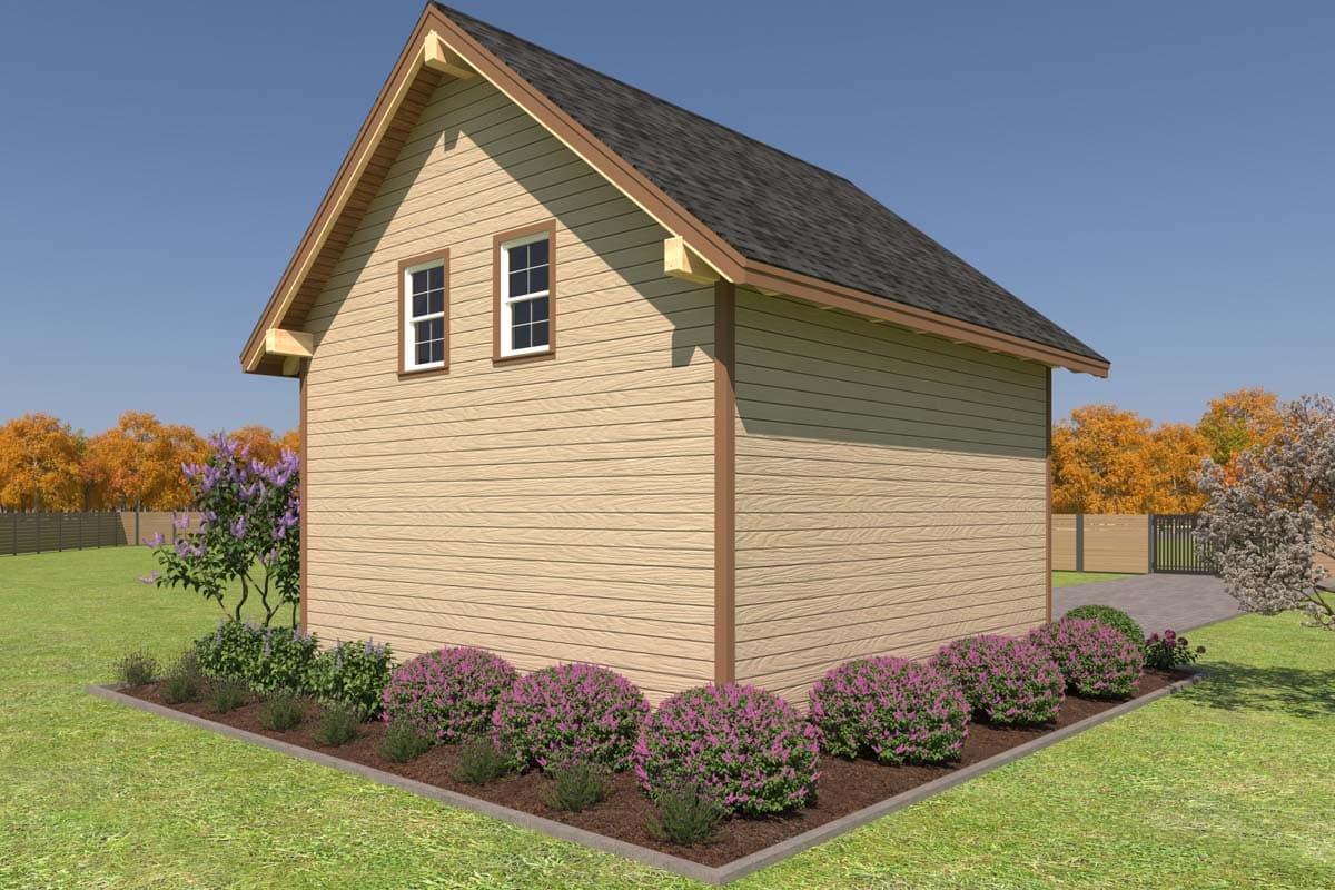 House plan exterior, two stories, beige horizontal siding, dark roof, gabled roofline, two upper-level windows.