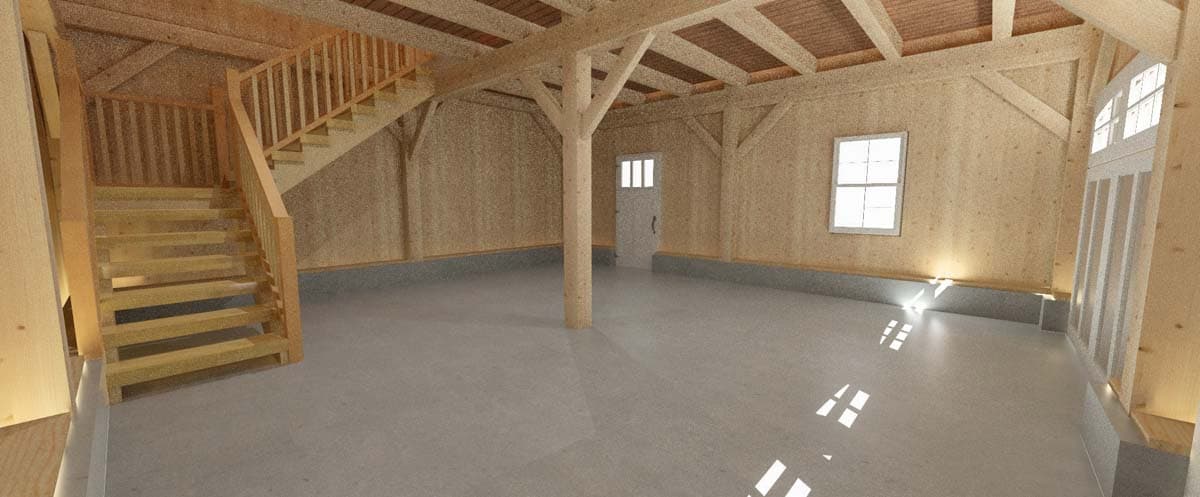 Interior view of a timber-frame structure with a wooden staircase, exposed beams, and concrete floor.