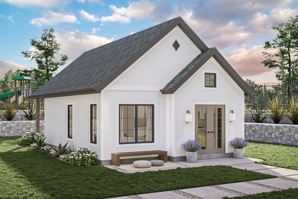 House plan exterior. One-story Modern Farmhouse with gable roof, dormer, and double doors. Features include board and batten siding.