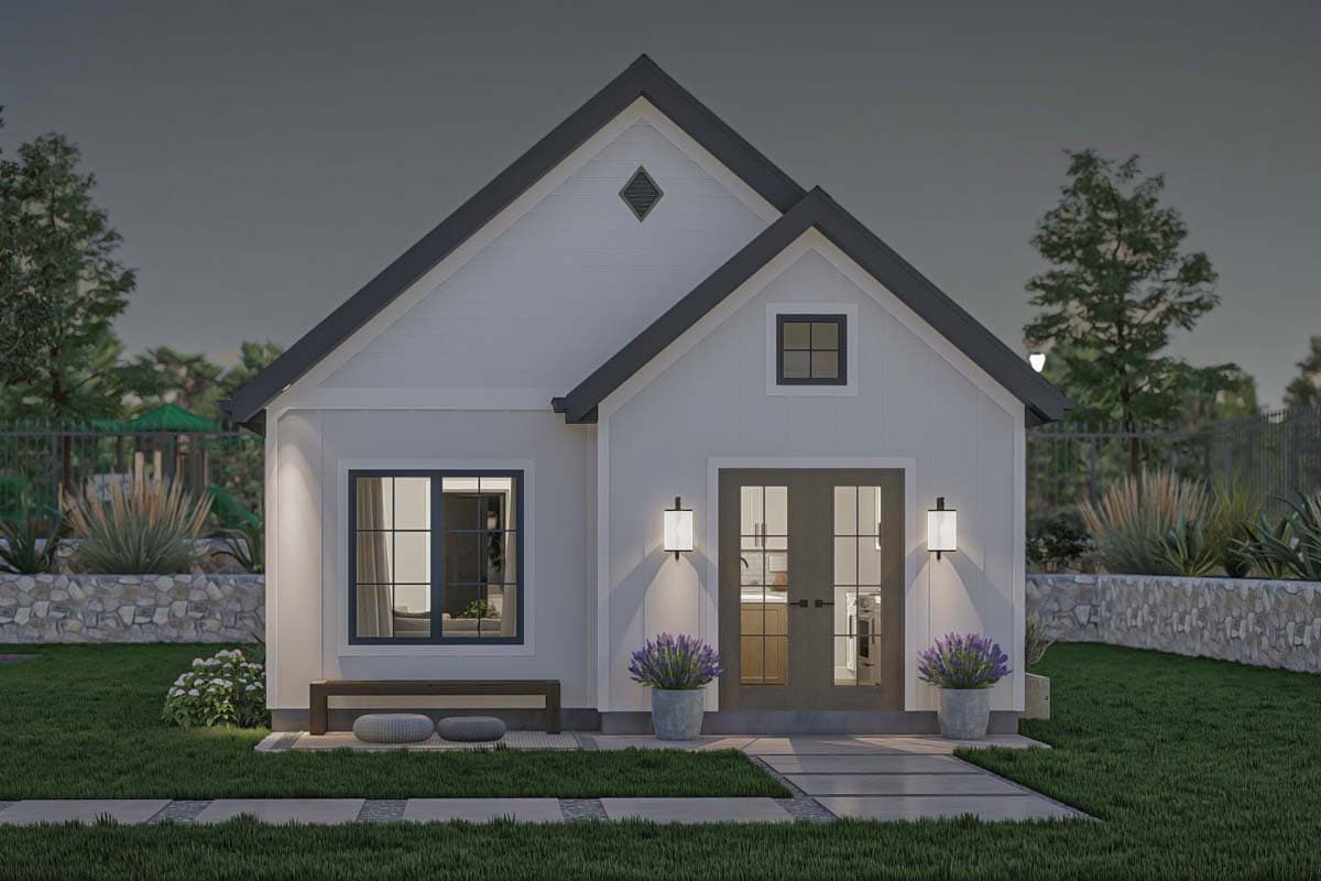 House plan exterior: Modern Farmhouse style, one story, with gabled roof, dual front doors, and a diamond vent detail.