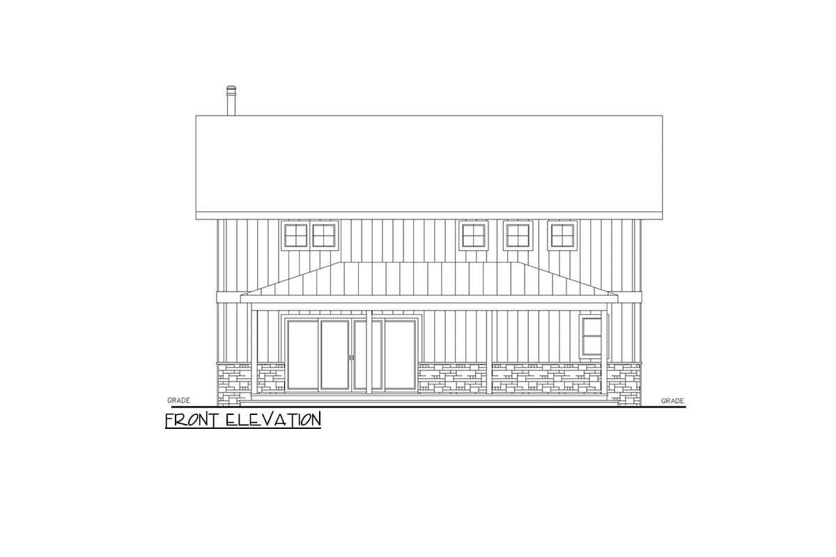 Front elevation drawing of a two-story house with vertical siding, a covered porch, and stone accents.