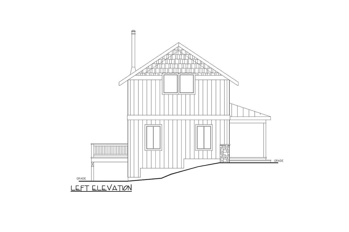 Left elevation drawing of a two-story house plan with vertical siding, gable roof, chimney, porch, and deck.