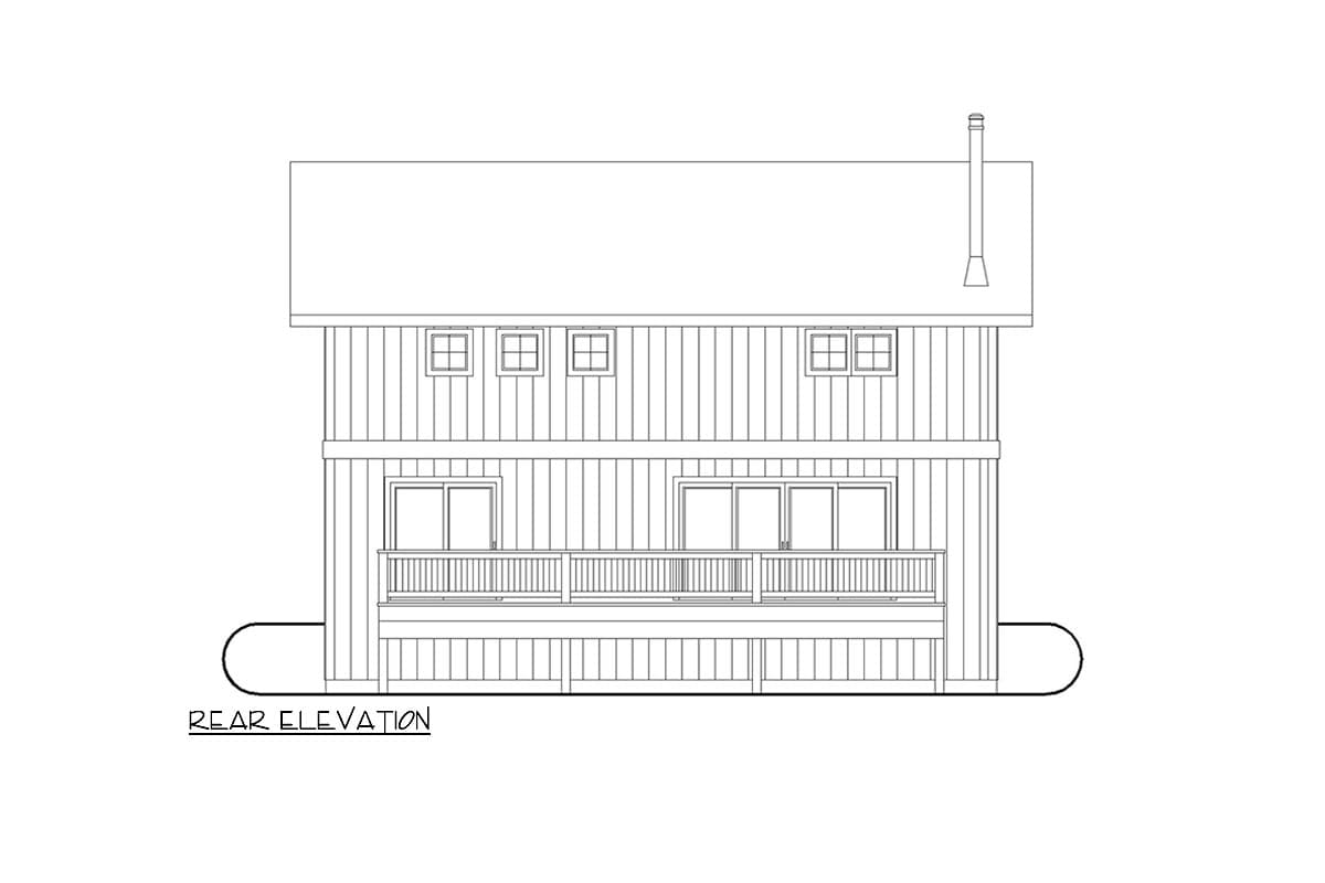 Rear elevation drawing of a two-story house with a deck, railing, and multiple windows.