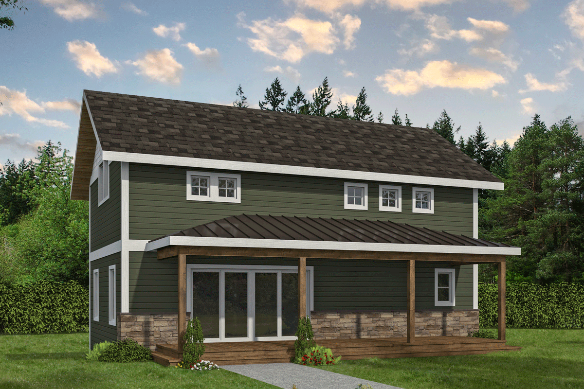 House plan exterior. Two-story home with a gabled roof, a covered porch, and a combination of stone and siding exterior. Features multiple windows.