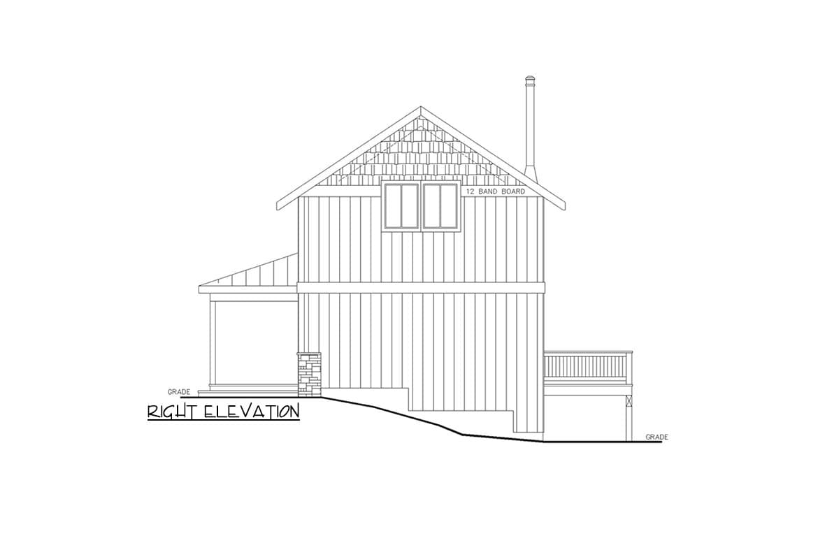Right elevation house plan drawing with a covered porch, gable dormer, and rear deck on sloped grade.