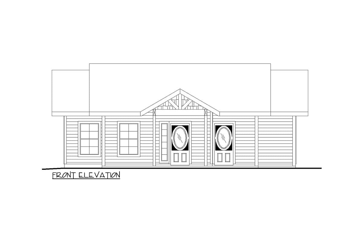 Front elevation drawing of a one-story house plan with two front doors, decorative gables, and symmetrical windows.