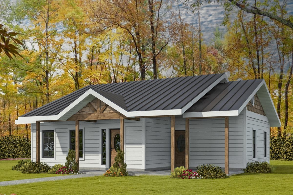 House plan exterior. Single-story, cottage-style home with a gabled roof and covered porch supported by wood posts; features small windows.