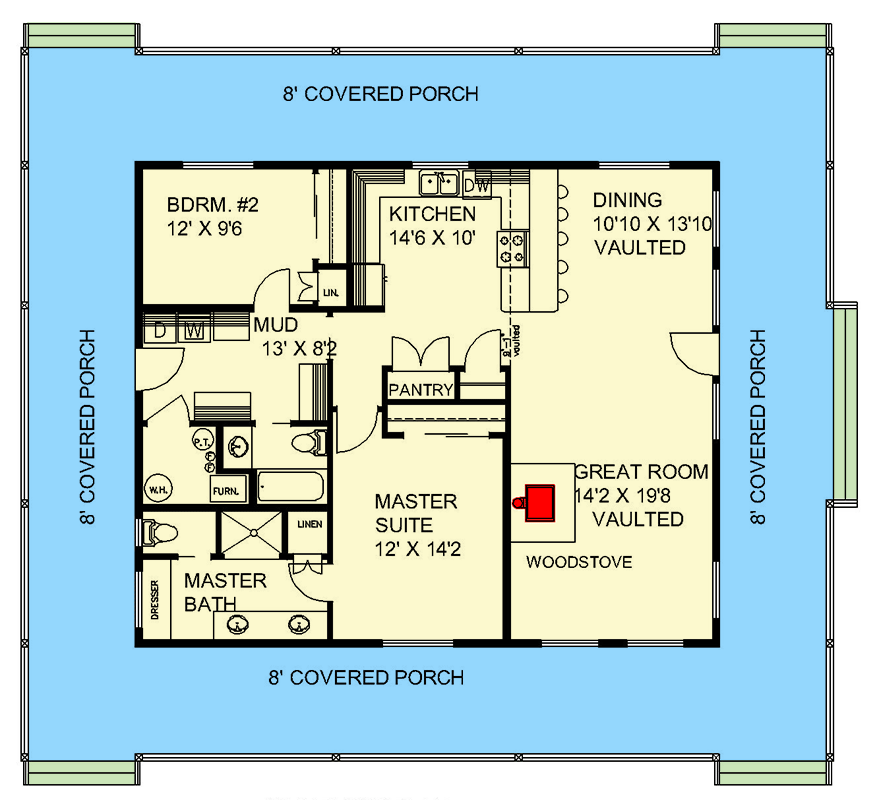 Plan 350056GH: Country House Plan with 8-Foot-Deep Wrap Around Porch - 1394 Sq Ft - Floor Plan - Main Level - Country, Traditional