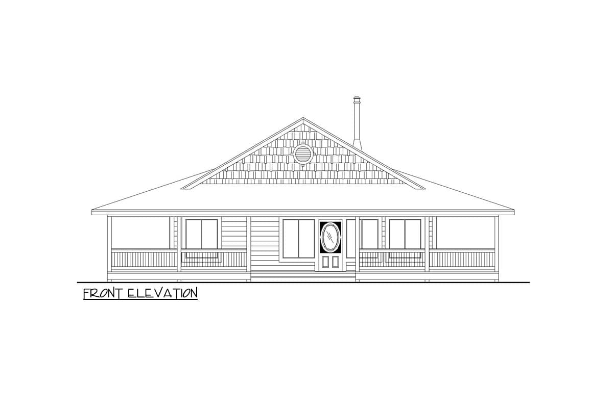 Front elevation drawing of a single-story house plan with a wraparound porch, centered entrance, and gabled roof with dormer.