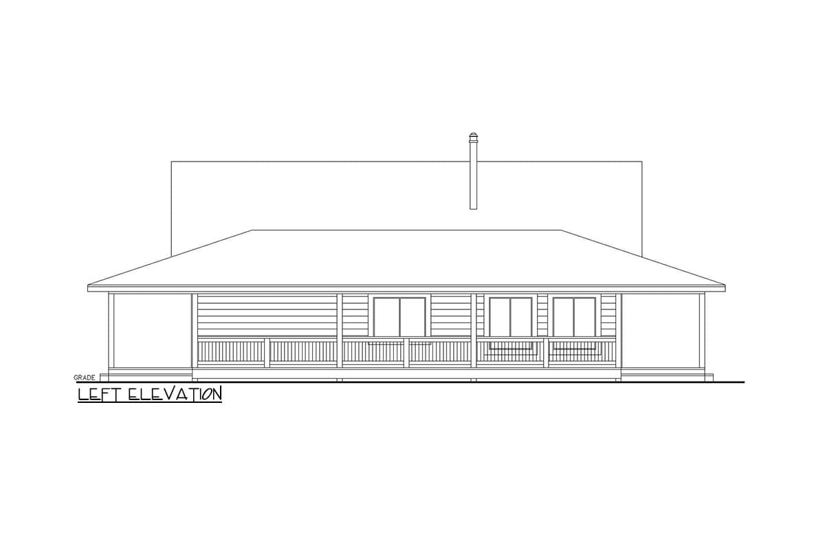 Left elevation drawing of a house plan featuring a full-width porch with railings, multiple windows, and a visible chimney.